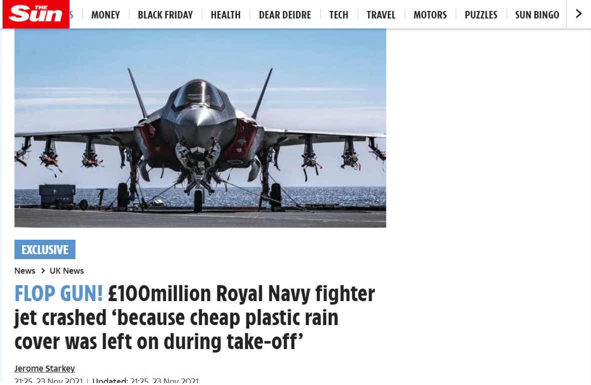Did British F-35B Crash in The Med due to Forgotten Rain Cover on Air Intake